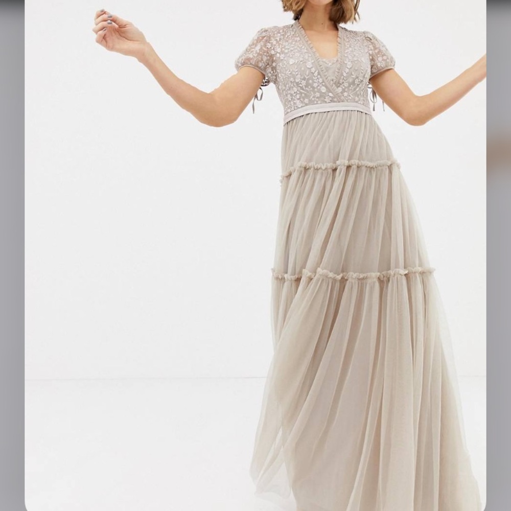 Needle & Thread embroidered tulle maxi dress with cap sleeve in rose size 8